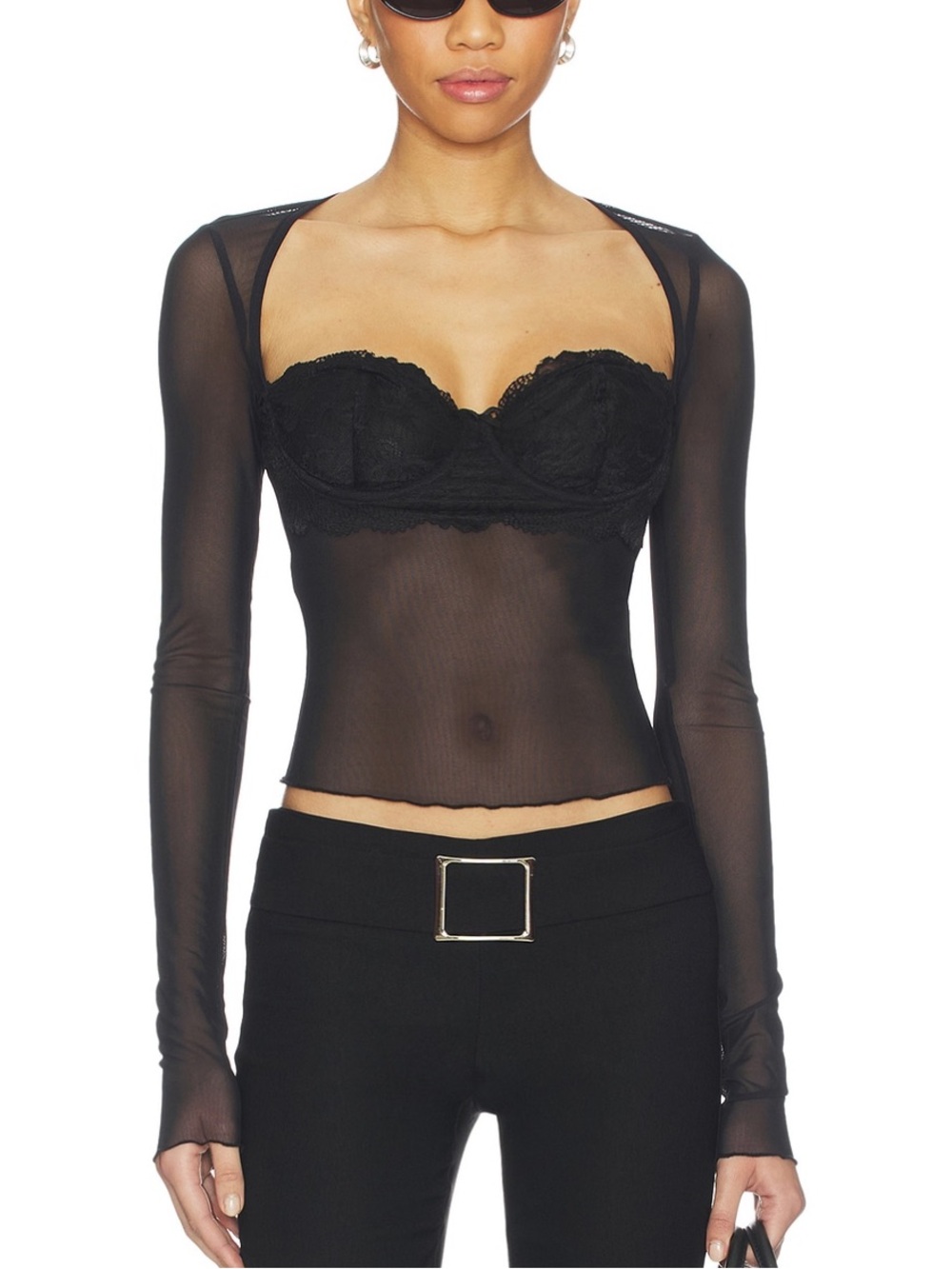 I.AM.GIA Black Sheer Long-Sleeve Mesh Camisole with Lace Bustier